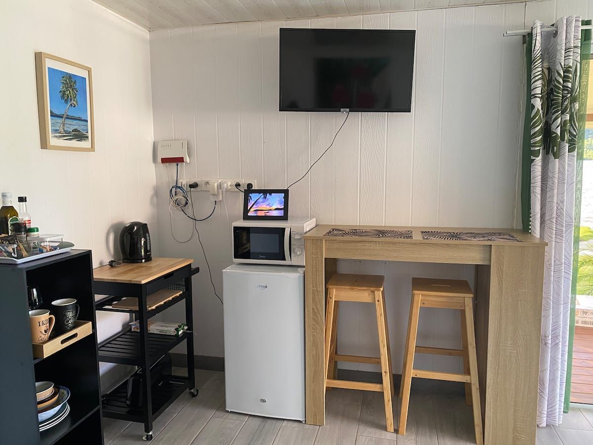 Coin cuisine avec réfrigérateur, micro-ondes et TV